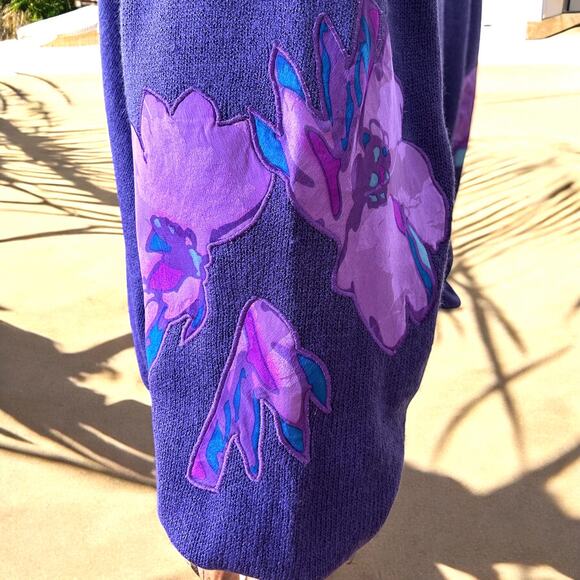 Vintage Sweater Floral Appliqué Purple Long Sleeve V-Neck Oversized Large - Picture 5 of 9